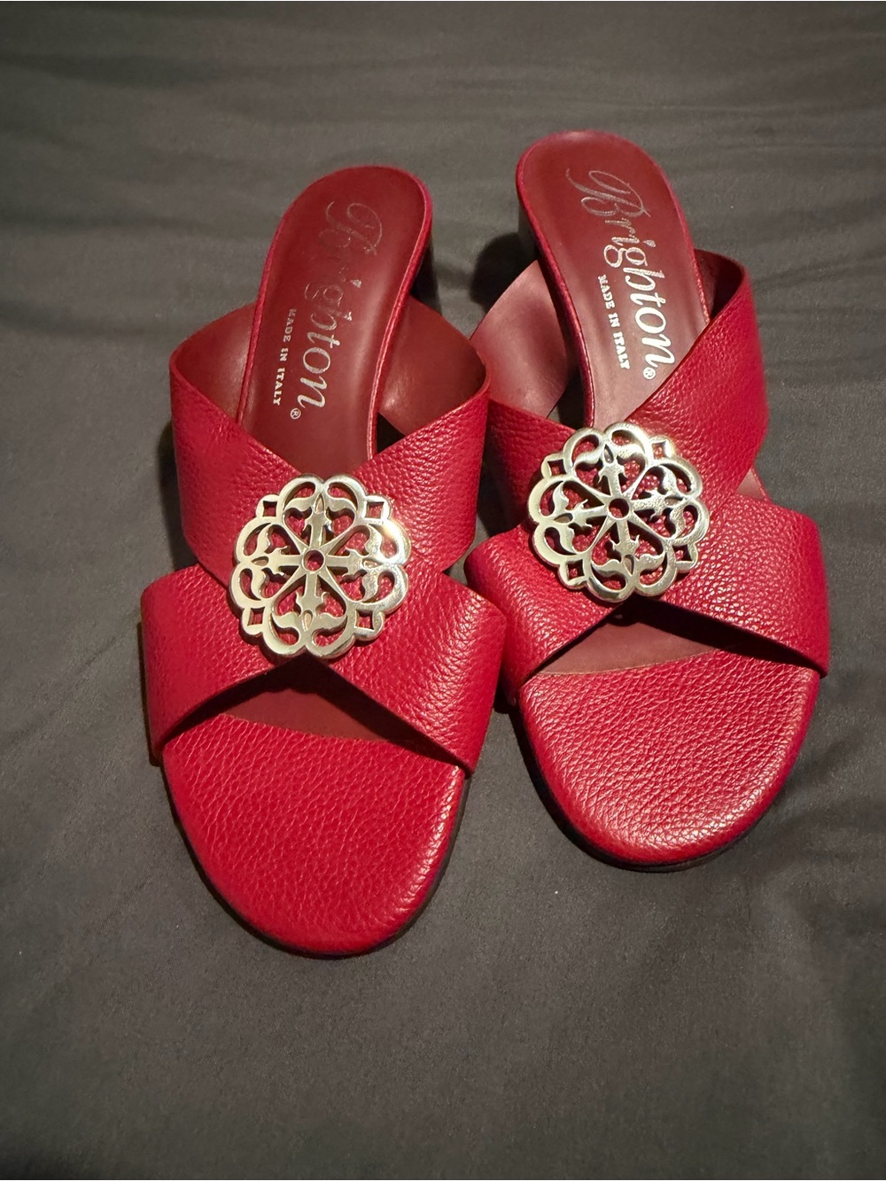 NWT Brighton Red Leather Slide Mules with Silver Medallion